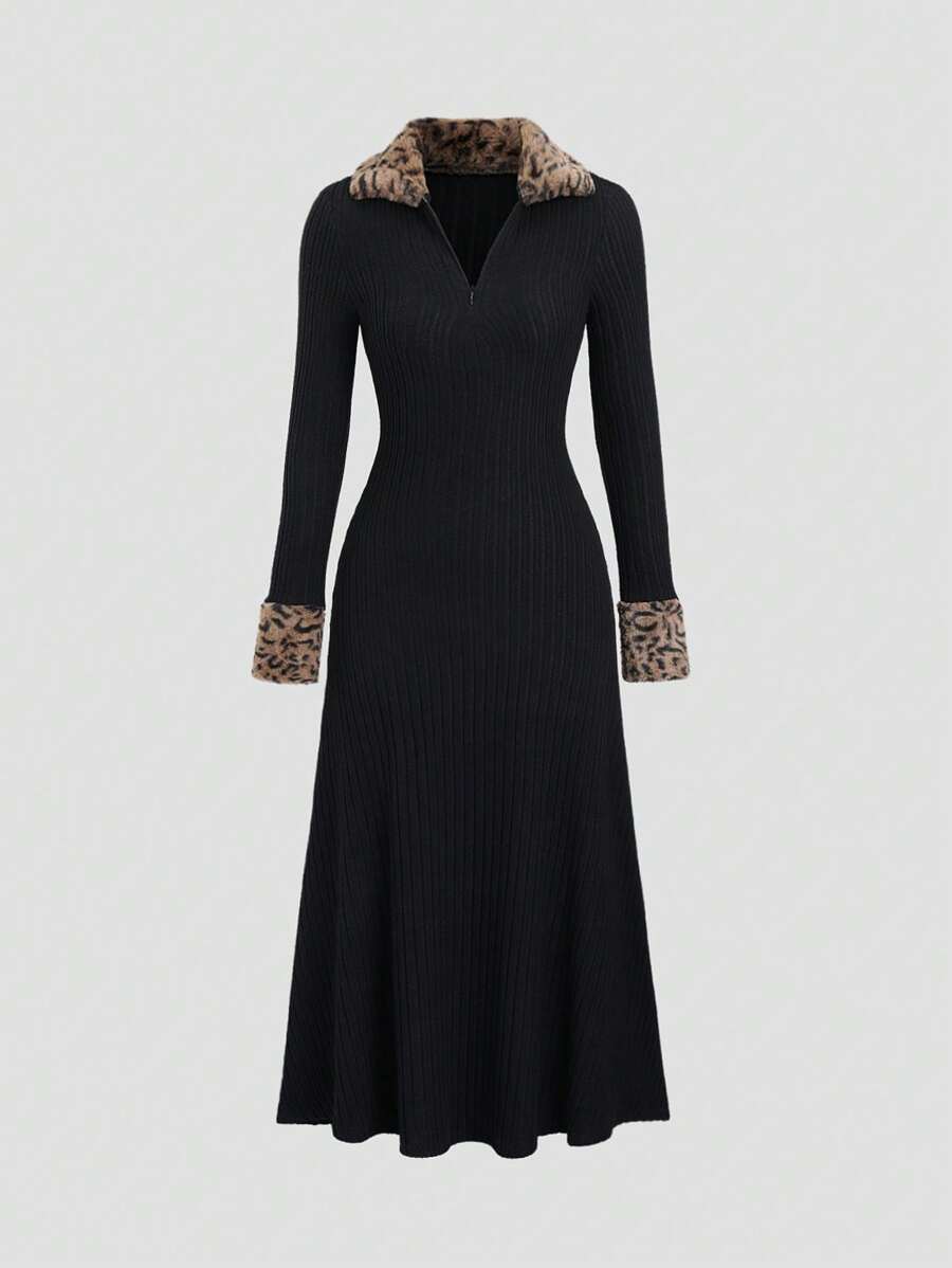 Sweetra 女士长裙，豹纹拼布兔毛针织复古优雅高端修身经典黑领连衣裙，秋冬长款女装 - 黑色 - 查看 1