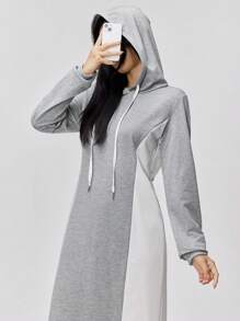 Mulvari Váy dài trùm đầu có dây rút màu tương phản chắp vá thường ngày dành cho nữ, mùa thu - Xám - Xem 3