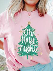 SHEIN Camiseta gráfica de manga corta para mujer con estampado casual de árbol de Navidad con lentejuelas, brillo y eslogan