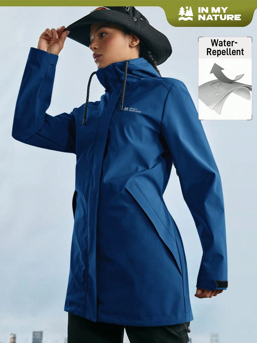 In My Nature Jas Hujan Kasual Wanita Lengan Panjang Warna Polos dengan Resleting Depan dan Motif Huruf untuk Aktivitas Luar Ruangan - Royal Blue - View 1