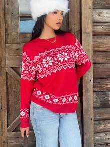 SHEIN EZwear Women's Casual Christmas Bow Accent Knit Pullover Sweater, College Style, Long Sleeve, Autumn/Winter