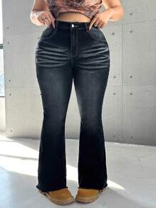 SHEIN ICON 大码性感弹力喇叭洗水喇叭牛仔裤，街头风格 - 深色水洗藍 - 查看 3