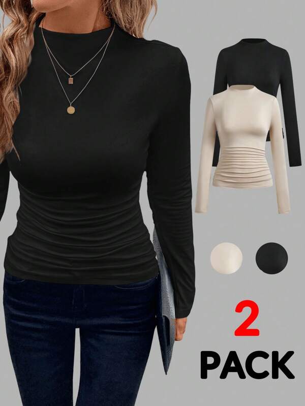 SHEIN Clasi Plus Size Women Solid Color Stand Collar Long Sleeve Ruched Casual T-Shirt, Autumn