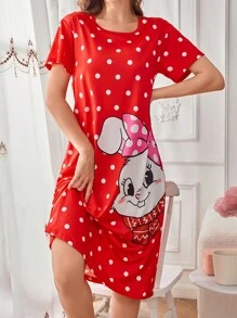 Cute Rabbit & Polka Dot Print Loose Dress, Sweet Style For Women Nightgown, Moo Moo - Multicolor - View 6