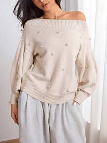 SHEIN Unity 女士优雅纯色仿珍珠串珠装饰露肩毛衣，适合秋冬季 - 杏色 - 查看 1