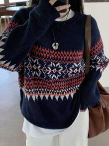 DAZY 圣诞复古图案提花针织宽松圆领毛衣，适合女士、节日、秋季女装 - 藍色 - 查看 7