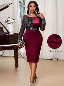 SHEIN Lady Elegantes rotes Samtkleid mit rundem Ausschnitt, Kontrastmesh, Midi-Länge, Langarm, Große Größen, Rotes Kleid, Festliches Kleid, Berufskleidung, Weihnachts-Frauenmode, Elegantes Kleid, Hochzeitskleid, Feiertagskleid, Roter Rock - Verschiedenfarbig - Übersicht 1