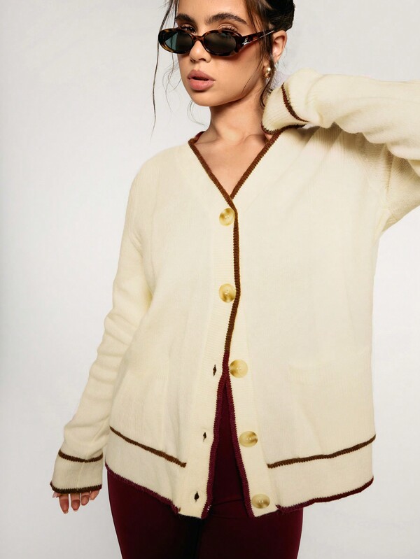 Athîral 女式 V 领单排扣长袖休闲宽松开衫，秋冬保暖冷天气保暖撞色酒红色毛衣