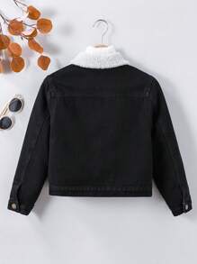 SHEIN Tween 女童纯色水洗羊毛内衬翻领牛仔外套，长袖保暖休闲牛仔夹克，儿童冬季返校服装