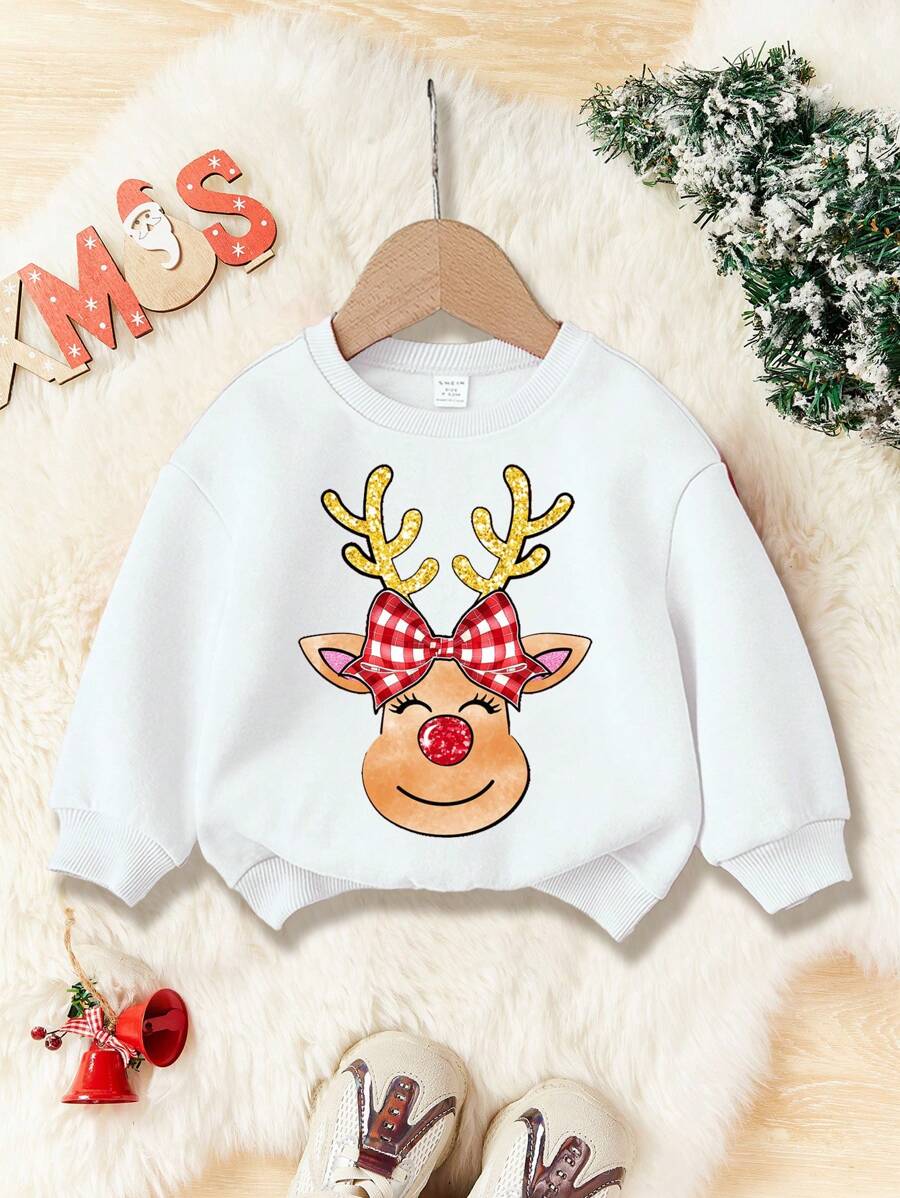 Áo nỉ chui đầu dày cổ tròn mềm mại cho bé gái, thường ngày cho mùa thu/đông, cho Giáng sinh - trắng - Xem 1