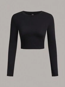 SHEIN Essnce 4pcs Women's Casual Minimalist Solid Color Round Neck Long Sleeve Cropped Fitted T-Shirt, Suitable For Spring/Summer - Multicolor - View 4
