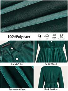 BizChic 绿色缎面褶皱长袖连衣裙，节日感恩节/圣诞节服装，女士办公室服装，春夏 - 綠色 - 查看 8