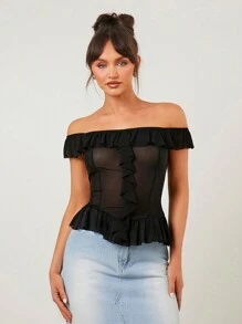 SHEIN SXY 黑色上衣；秋季女装；性感女士休闲约会黑色高弹力网眼面料透视线领荷叶边装饰女士上衣；优雅女士服装，适合日常约会、夜总会、派对和情人节活动 - 黑色 - 查看 1