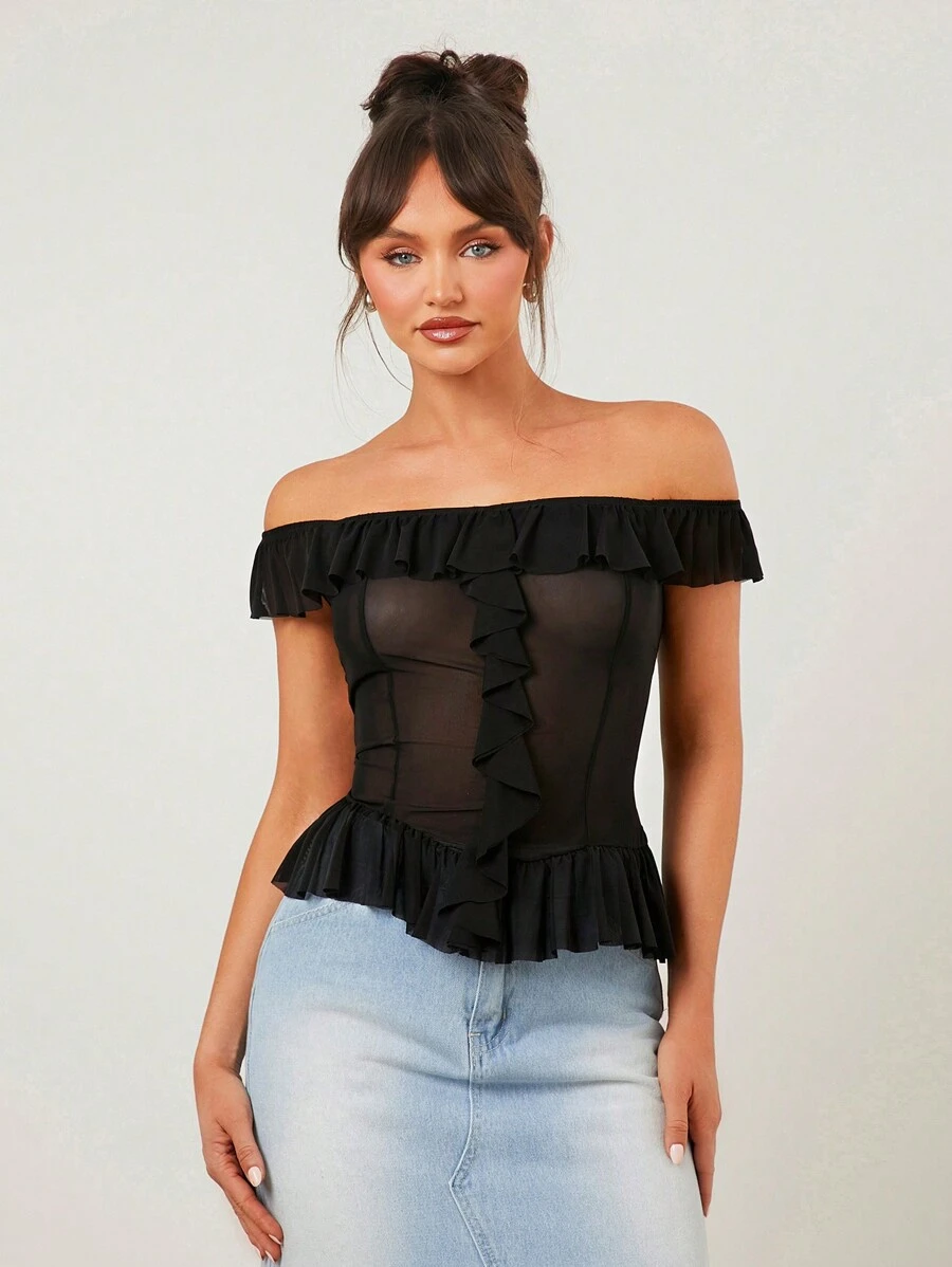 SHEIN SXY 黑色上衣；秋季女装；性感女士休闲约会黑色高弹力网眼面料透视线领荷叶边装饰女士上衣；优雅女士服装，适合日常约会、夜总会、派对和情人节活动 - 黑色 - 查看 1