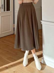 DAZY Casual Solid Color Pleated Mid-Length A-Line Skirt, Autumn