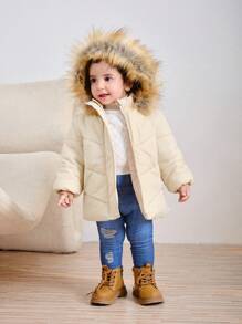 SHEIN Baby Girls Cute Warm Thermal Lined Solid Color Hooded Padded Coat, Autumn/Winter