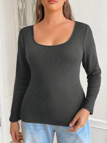 SHEIN EZwear Plus Size Vrouwen Dik Warm Rekbaar Fluwelen Gevoerd Strak Fit T-shirt, Herfst/Winter Thermisch
