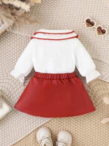 SHEIN Baby Girls Elegant Vintage Fashion Shirt Set, Spring/Autumn - Red - View 2