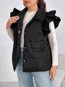 SHEIN LUNE 大码纯色前扣荷叶边饰边盖袖加厚外套，适合冬季 - 黑色 - 查看 8