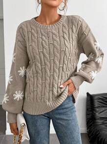 Calvaya European & American Autumn/Winter 3D Embroidered Flower & Twist Rope Decor Loose Casual Pullover Sweater