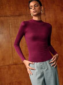 MOTF 100% 纯羊毛纯色修身罗纹针织毛衣