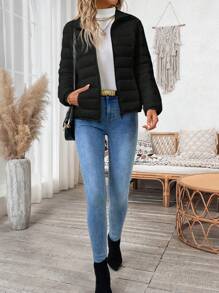 SHEIN LUNE Winter Coat,Women's Lightweight Quilted Puffer Black Jacket With Pockets, Zip Up Stand Collar