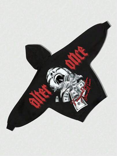 Street Life Sudadera con capucha con cremallera con estampado de letras y caracteres para hombres, ropa casual de calle