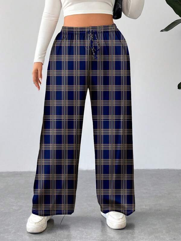 SHEIN EZwear Plus Size Casual Plaid & Striped Print Straight Leg Pants, Suitable For Autumn & Summer