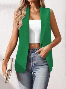 Breezaya Women Casual Solid Color Shawl Neck Sleeveless Lightweight Vest - Green - View 5