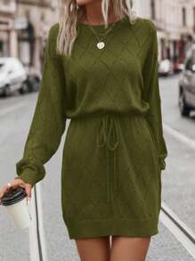 SHEIN LUNE Plus Size Women's Elegant Casual Daily Commute Autumn Winter Round Neck Drop Shoulder Pattern Waist Drawstring Loose Black Sweater Dressbusiness Casual Woman,Holiday Outfits,Country Tops