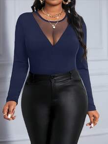 SHEIN Lady 2025 New Spring And Summer Autumn And Winter Elegant Navy Blue Knitted Round Neck Long Sleeve Contrast Mesh Plus Size T-Shirts Halloween Plus Halloween Clothes Stylish Clothing Collection Winter Clothes For Women