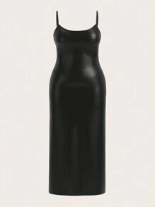 SHEIN EZwear 大码女式紧身 PU 长裙，秋冬万圣节服装 - 黑色 - 查看 3