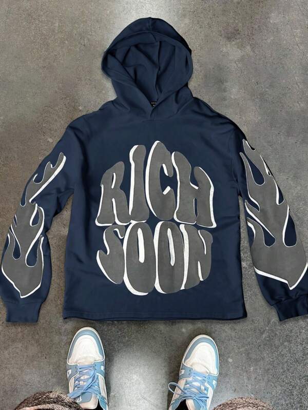 Manfinity LEGND Plus Size Men's Letter Print Minimalist Long Sleeve Hoodie, Casual Everyday Wear