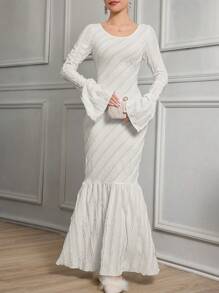 Modelyn 1pc Women Knitted Texture Long Bell Sleeve Fitted Mermaid Hem Dress Long Evening Dresses - White - View 3