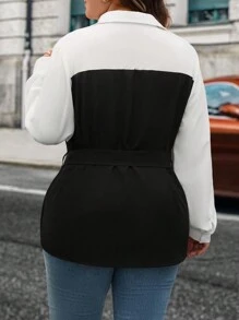 SHEIN Clasi Plus Size Women Contrast Color Lapel Long Sleeve Patchwork Elegant Work Shirt - Black and White - View 2