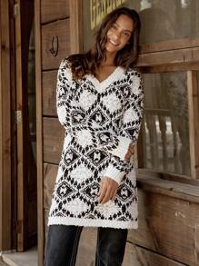LanaWest Women Casual Colorblock Geometric Pattern Knitted Sweater Dress, Autumn/Winter - Black and White - View 7