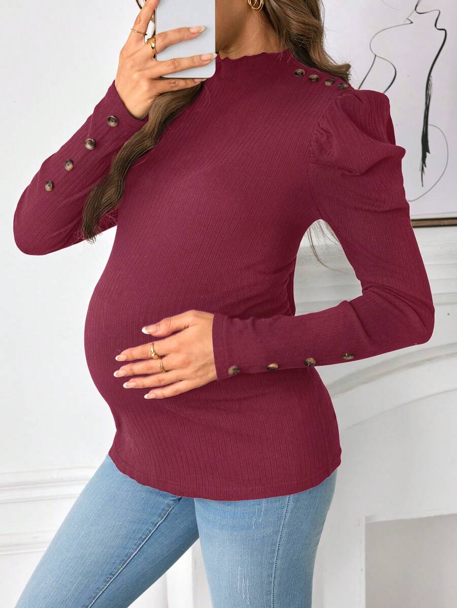 SHEIN Maternity Puff Sleeve Button Detail Black Fitted T-Shirt