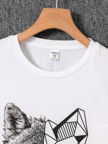 SHEIN 1 件青少年男孩休闲时尚舒适温暖狼图案宽松针织 T 恤、派对礼品、返校服装、运动衫、秋冬