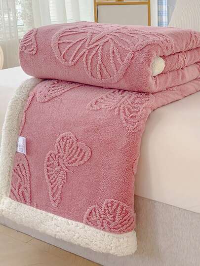 1 pieza Manta de doble capa de tafetán y lana de cordero, manta de tiro con patrón de mariposa jacquard de unicolor de estilo minimalista moderno, suave y cálida, lavable a máquina, decoración de otoño, decoración de la habitación, para siesta, oficina, dormitorio, sofá, sala de estar en invierno