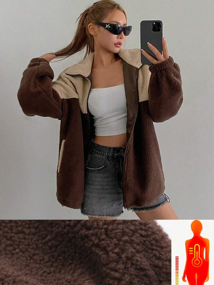 Women Contrast Color Pocket Zip Up Long Sleeve Jacket, For Autumn/Winter,Fall Women Clothes,Thermal Lined