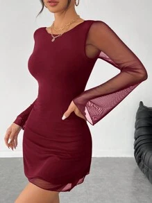 SHEIN PETITE 女士新款性感露背喇叭袖网纱连衣裙初秋款 - 酒紅色 - 查看 5