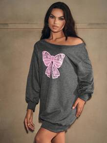 Zolique Sudadera larga asimétrica de hombro con estampado de lazo rosa sexy para mujer, otoño - Gris - Ver 6