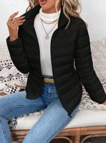 SHEIN LUNE Winter Coat,Women's Lightweight Quilted Puffer Black Jacket With Pockets, Zip Up Stand Collar