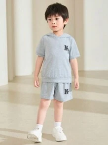 SHEIN 青年男孩字母圖形連帽領運動衫和短褲 - 淺灰色 - 查看 7