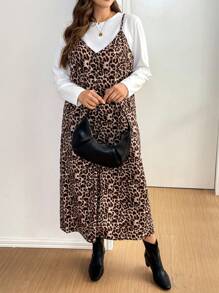 SHEIN Essnce Plus Size Plain Crew Neck Long Sleeve Shirt And Casual Leopard Print Dress 2 Pieces Set