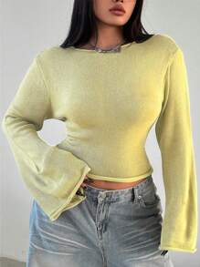 Flirla Plus Size Versatile Solid Color Flare Sleeve Sweater