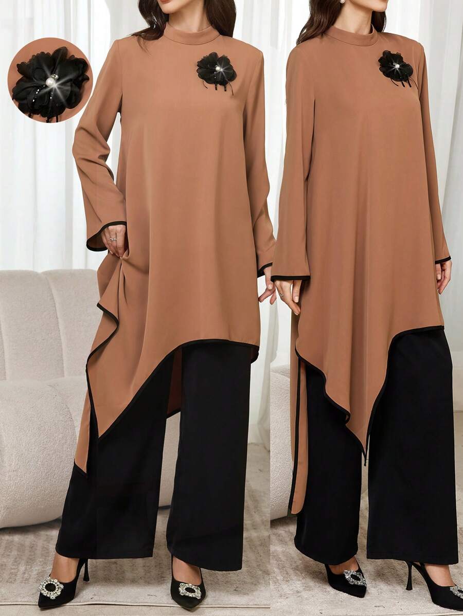 Mulvari 2 件套女士立领撞色 3D 花卉装饰上衣，秋冬 2 件套 - 彩色 - 查看 1