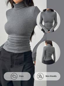 SHEIN EZwear Áo thun cổ lọ màu trơn cỡ lớn dáng ôm vừa vặn, mùa thu/đông - Màu xám đen - Xem 1