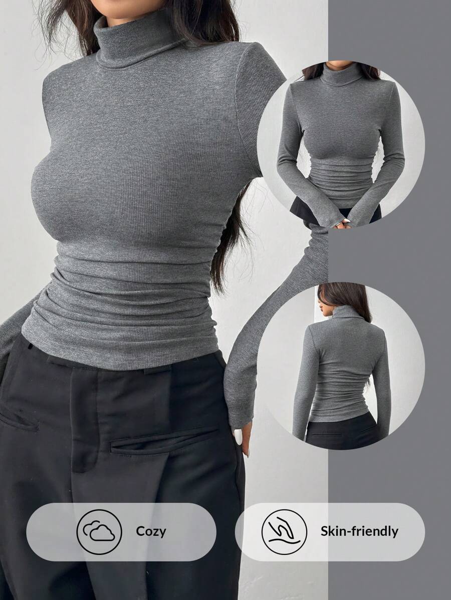 SHEIN EZwear Áo thun cổ lọ màu trơn cỡ lớn dáng ôm vừa vặn, mùa thu/đông - Màu xám đen - Xem 1