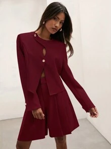 COSMINA 1 件女士时尚纯色镂空短夹克，秋季 - 酒紅色 - 查看 7
